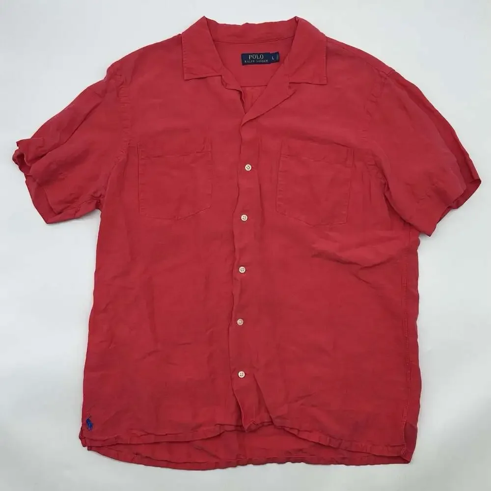 Polo Ralph Lauren Size Large Red Linen Silk Blend Short Sleeve Button Up Shirt